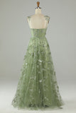 Abiti linea A verde corsetto lungo abito da ballo di tulle con farfalle 3D