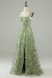 Abiti linea A verde corsetto lungo abito da ballo di tulle con farfalle 3D