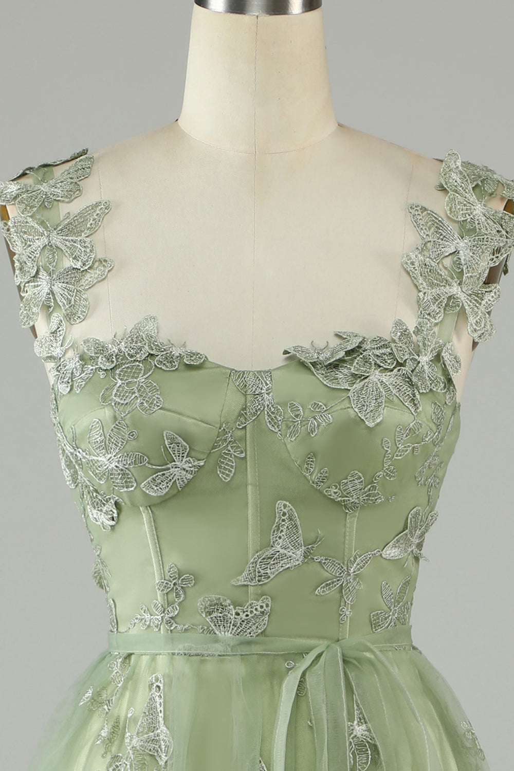 Abiti linea A verde corsetto lungo abito da ballo di tulle con farfalle 3D
