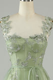 Abiti linea A verde corsetto lungo abito da ballo di tulle con farfalle 3D