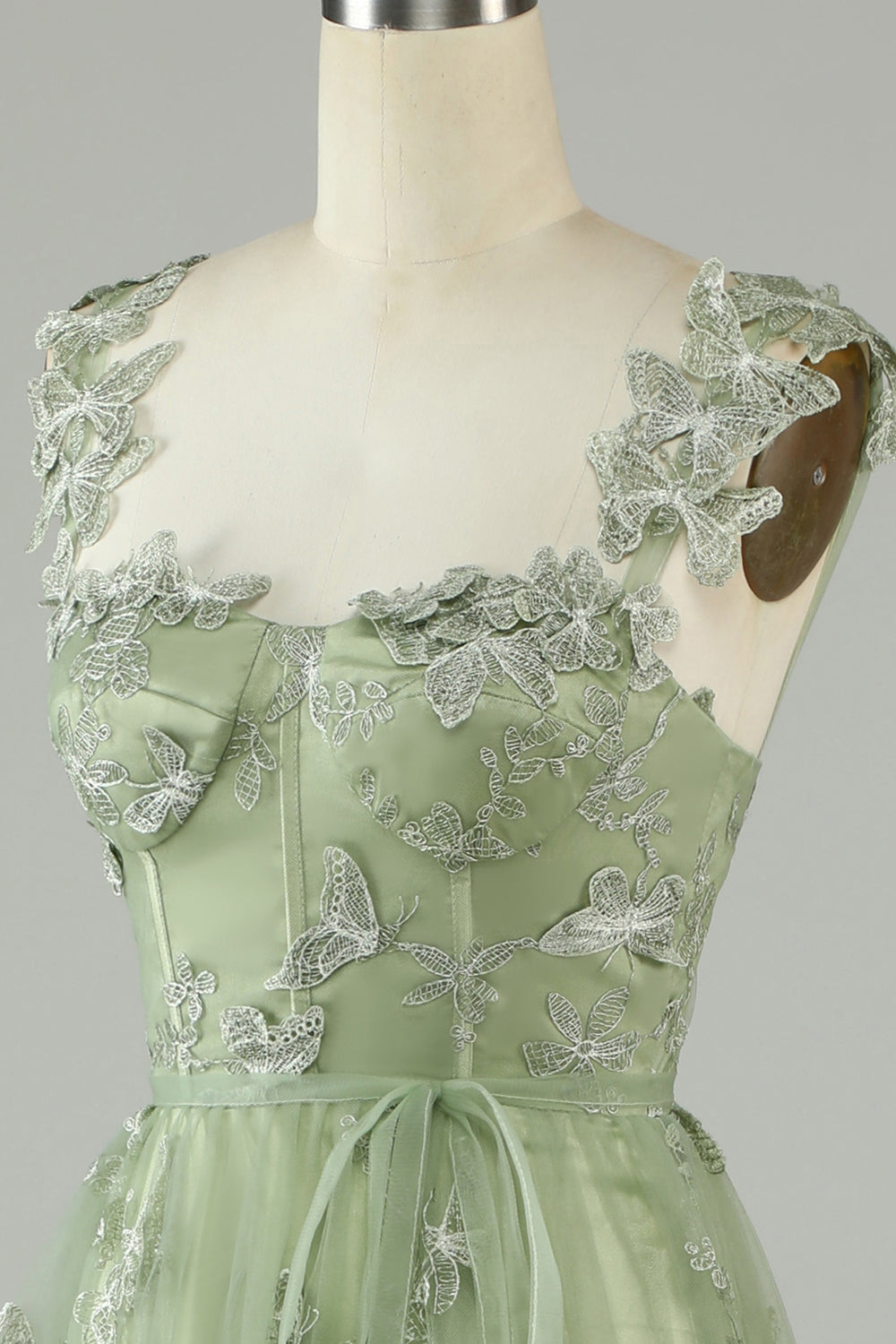 Abiti linea A verde corsetto lungo abito da ballo di tulle con farfalle 3D
