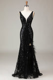 Abito da ballo a sirena con scollo a V Depp scintillante nero con piume