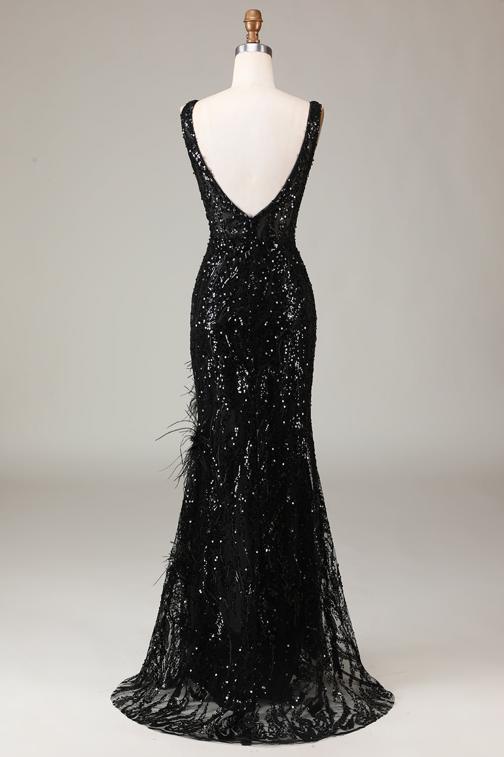 Abito da ballo a sirena con scollo a V Depp scintillante nero con piume