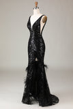 Abito da ballo a sirena con scollo a V Depp scintillante nero con piume