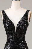 Abito da ballo a sirena con scollo a V Depp scintillante nero con piume