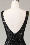 Abito da ballo a sirena con scollo a V Depp scintillante nero con piume