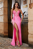 Rosa Spaghetti Straps Glitter Paillettes Mermaid Prom Dress con Spacco