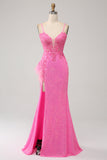 Di moda Sirena Spalline sottili Paillettes Rosa Abito Lungo Ballo con Applicazioni