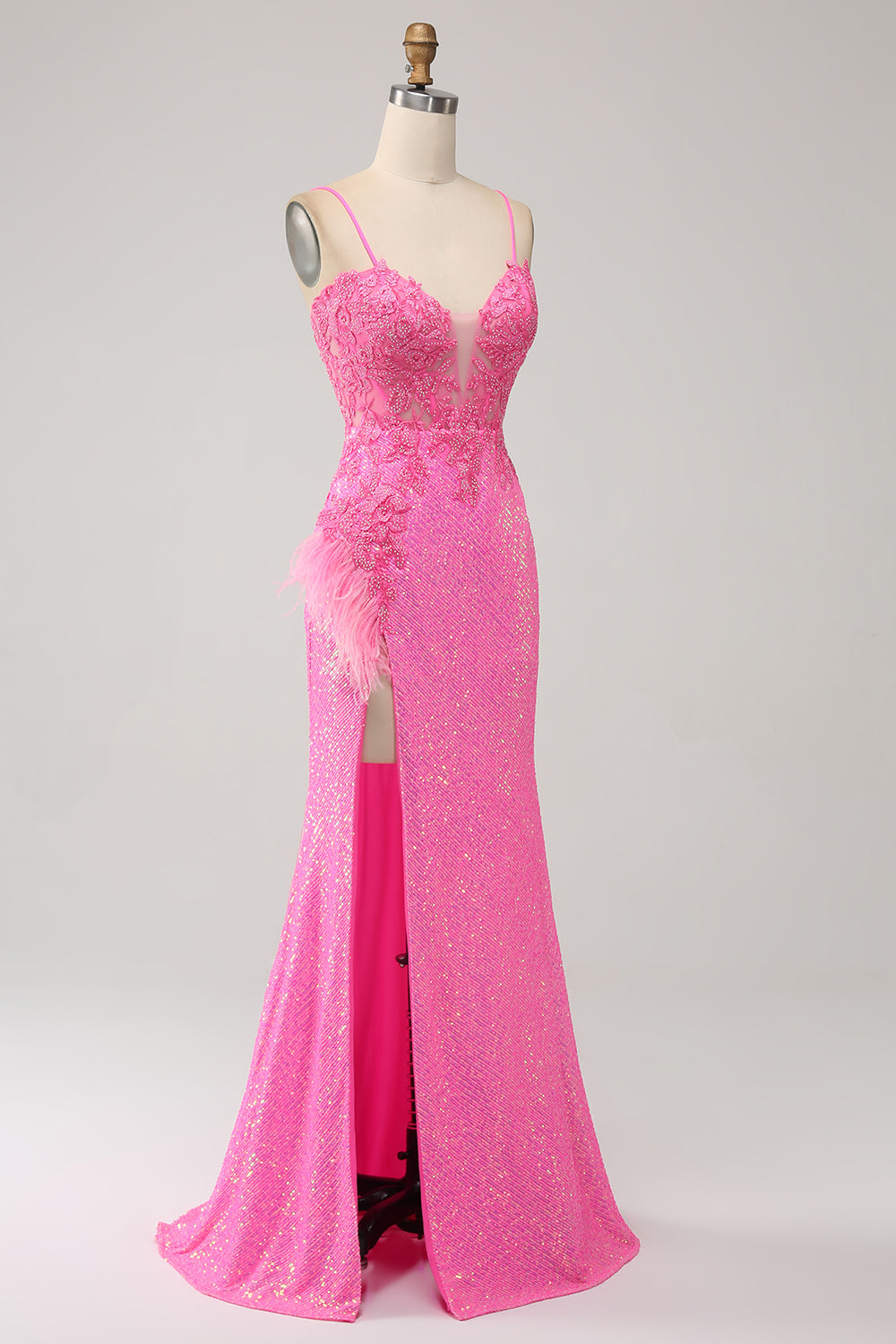 Di moda Sirena Spalline sottili Paillettes Rosa Abito Lungo Ballo con Applicazioni