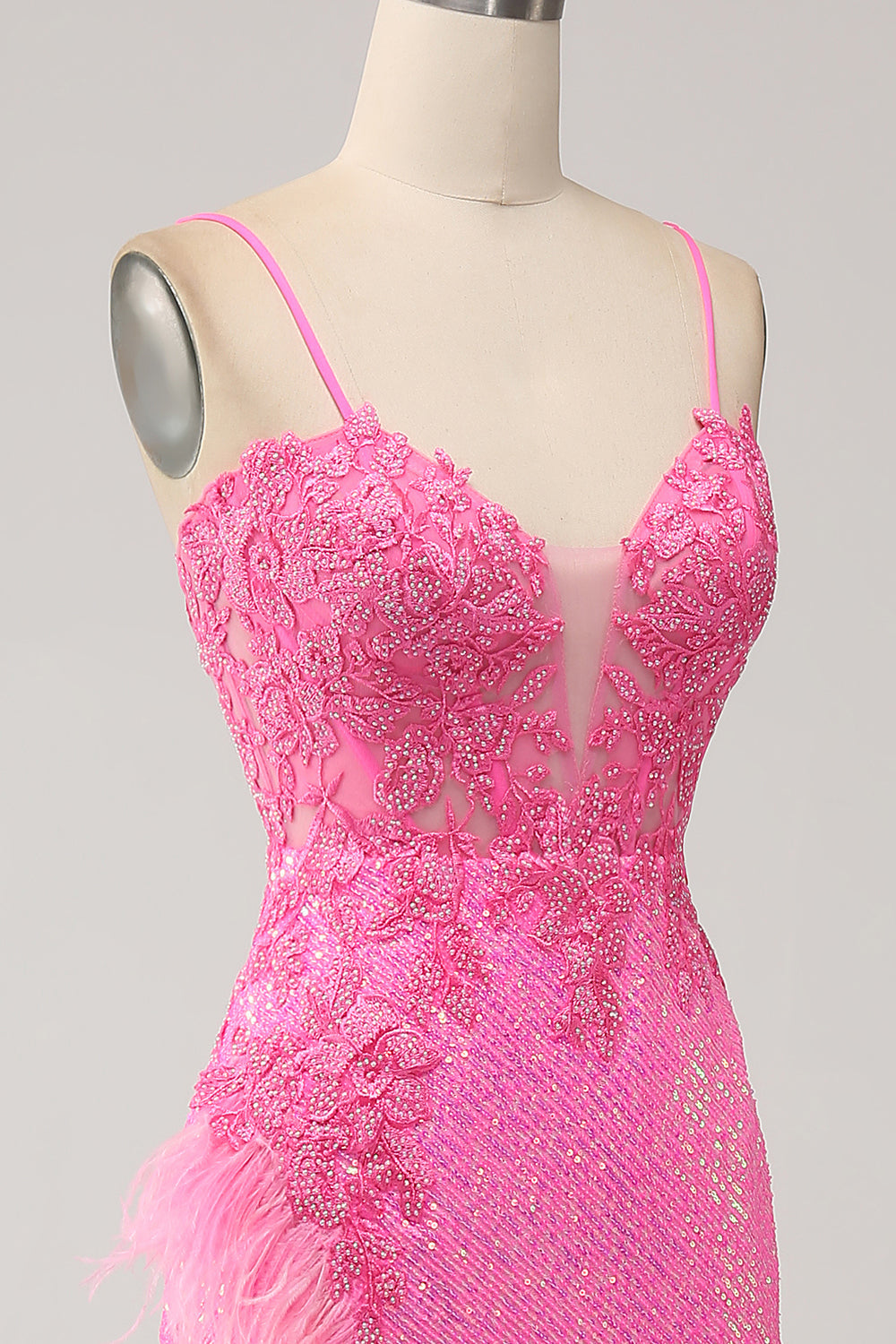 Di moda Sirena Spalline sottili Paillettes Rosa Abito Lungo Ballo con Applicazioni