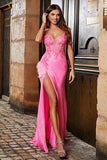 Rosa Spaghetti Straps Glitter Paillettes Mermaid Prom Dress con Spacco