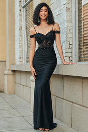 Glitter Off the Shoulder Nero Mermaid Abito Lungo Prom