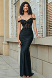 Glitter Off the Shoulder Nero Mermaid Abito Lungo Prom