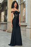 Glitter Off the Shoulder Nero Mermaid Abito Lungo Prom