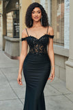 Glitter Off the Shoulder Nero Mermaid Abito Lungo Prom