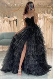 Trendy A Line Sweetheart nero Corsetto Prom Dress con volant
