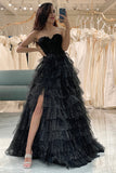 Trendy A Line Sweetheart nero Corsetto Prom Dress con volant