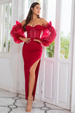 Tubino off the Shoulder Burgundy Party Dress con perline