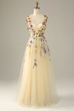 Abito da cerimonia lungo champagne spalline tulle con fiori 3D