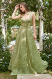 Abito da ballo lungo verde chiaro A-Line con ricamo