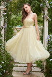 Spaghetti gialli Tea Length Prom Dress