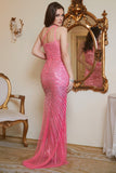 Fucsia Sequin One Shoulder Sparkly Long Prom Dress con spacco