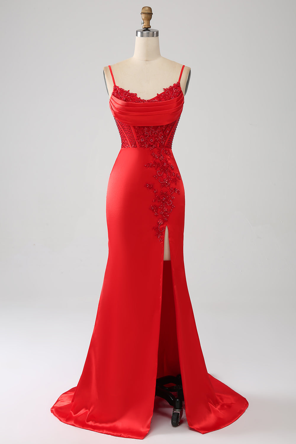 Satin Sirena in rilievo rosso Prom Dress con fessura