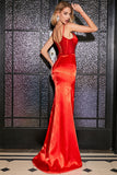 Splendida sirena Spalline sottili rosso Corsetto Abito da ballo con fessura di perline