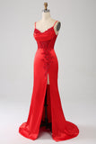 Satin Sirena in rilievo rosso Prom Dress con fessura