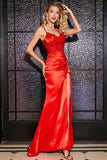 Splendida sirena Spalline sottili rosso Corsetto Abito da ballo con fessura di perline