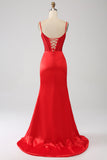 Satin Sirena in rilievo rosso Prom Dress con fessura