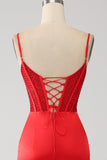 Satin Sirena in rilievo rosso Prom Dress con fessura