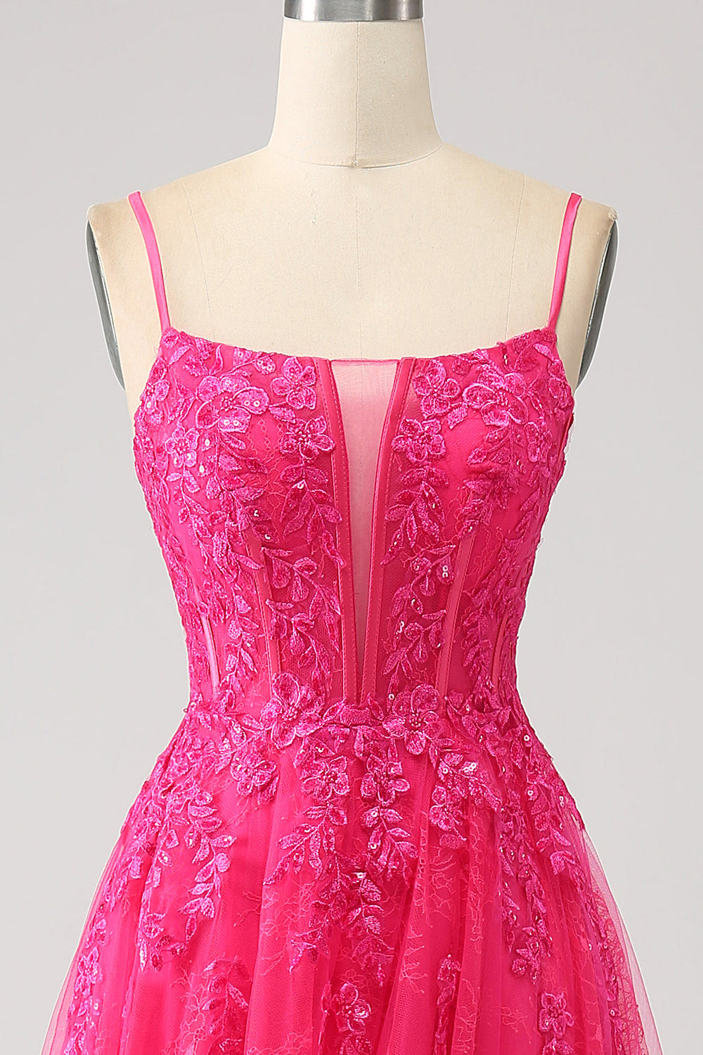 Abito da ballo fucsia con spacco lungo in pizzo bustier A-Line