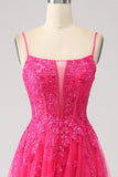 Abito da ballo fucsia con spacco lungo in pizzo bustier A-Line