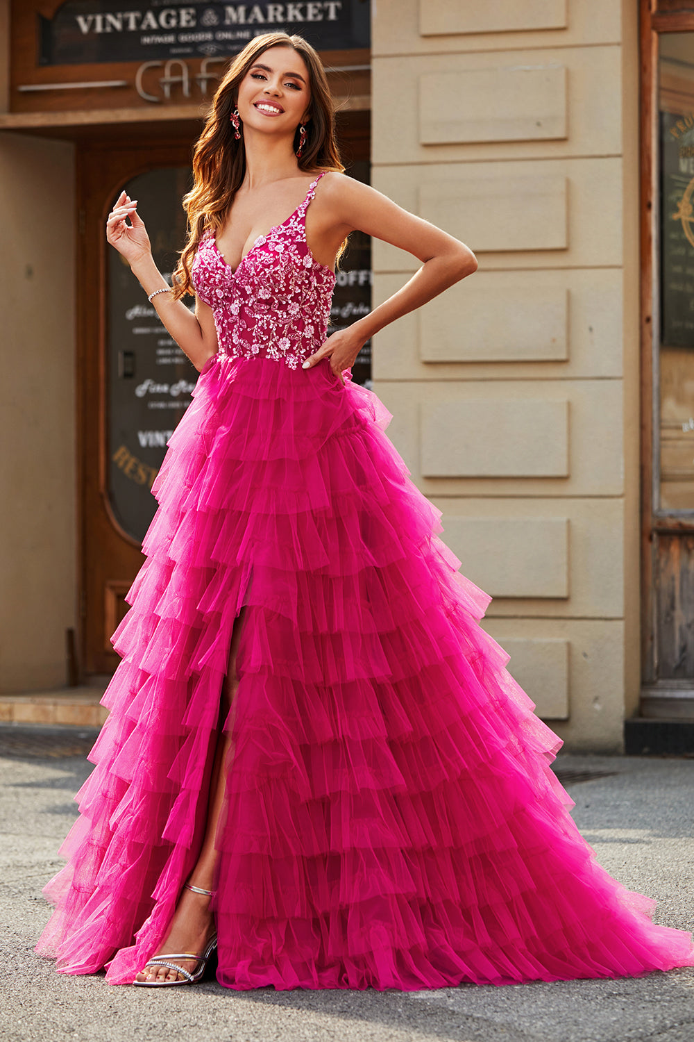Splendido A Line Spaghetti Straps Fucsia Abito Lungo Prom con Appliques Volant