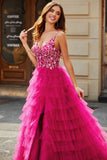 Splendido A Line Spaghetti Straps Fucsia Abito Lungo Prom con Appliques Volant