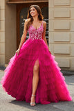 Splendido A Line Spaghetti Straps Fucsia Abito Lungo Prom con Appliques Volant
