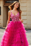 Splendido A Line Spaghetti Straps Fucsia Abito Lungo Prom con Appliques Volant