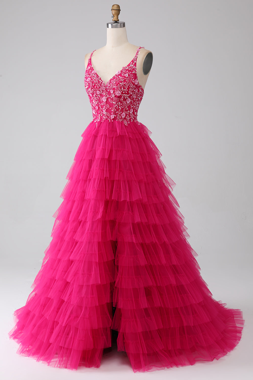 Fucsia Princess A-Line Spaghetti Straps Paillettes Abito da ballo lungo a più livelli con fessura