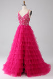 Fucsia Princess A-Line Spaghetti Straps Paillettes Abito da ballo lungo a più livelli con fessura
