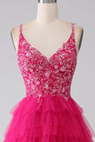 Fucsia Princess A-Line Spaghetti Straps Paillettes Abito da ballo lungo a più livelli con fessura