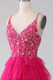 Fucsia Princess A-Line Spaghetti Straps Paillettes Abito da ballo lungo a più livelli con fessura