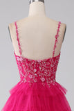 Fucsia Princess A-Line Spaghetti Straps Paillettes Abito da ballo lungo a più livelli con fessura