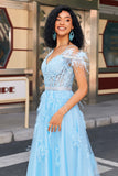 Splendida linea Off the Shoulder Abito da ballo corsetto azzurro con piume