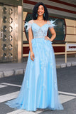 Splendida linea Off the Shoulder Abito da ballo corsetto azzurro con piume
