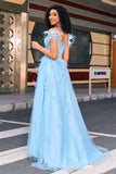 Splendida linea Off the Shoulder Abito da ballo corsetto azzurro con piume