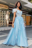 Splendida linea Off the Shoulder Abito da ballo corsetto azzurro con piume