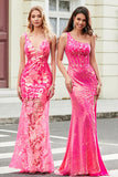 Splendida sirena monospalla paillettes fucsia abito lungo da ballo con fessura
