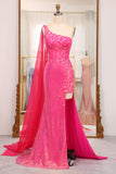 Splendida sirena monospalla paillettes fucsia abito lungo da ballo con fessura