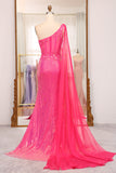 Splendida sirena monospalla paillettes fucsia abito lungo da ballo con fessura